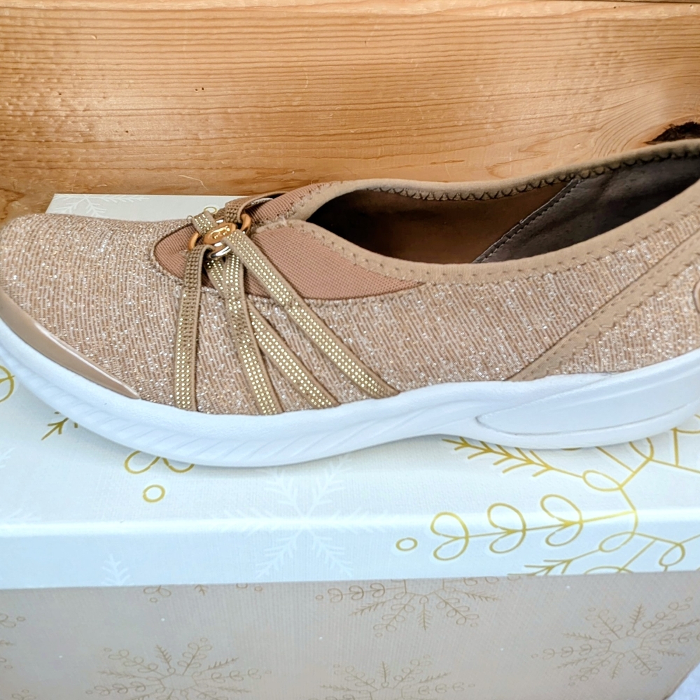 Bzees Slip-On Women's Beige/Gold  Shimmery Sneaker Shoes - Picture 10 of 15